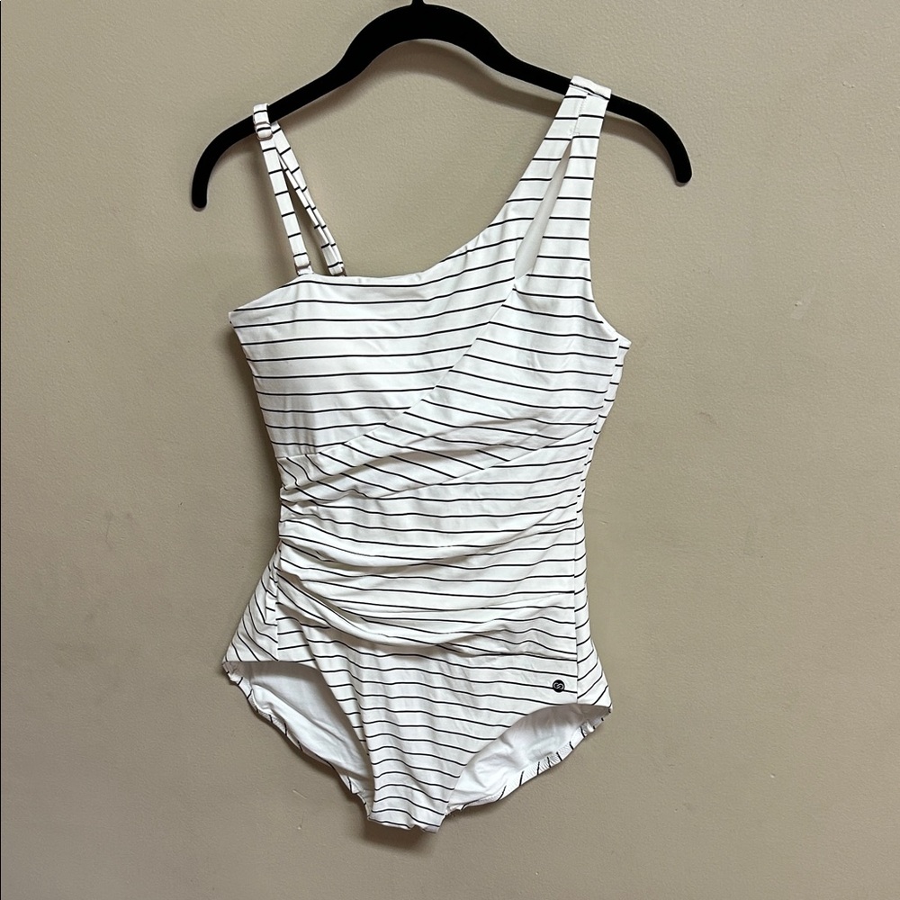 Calia size 8 white and black stripe one piece bathing suit. Excellent condition.